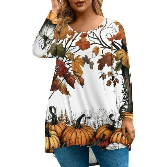 Plus Size Halloween Shirts for Women Funny Fall Long Sleeve Blouses Ghost Bat Pumpkin Print T-Shirt Crew Neck Tshirts Loose Casual Tunic Tops