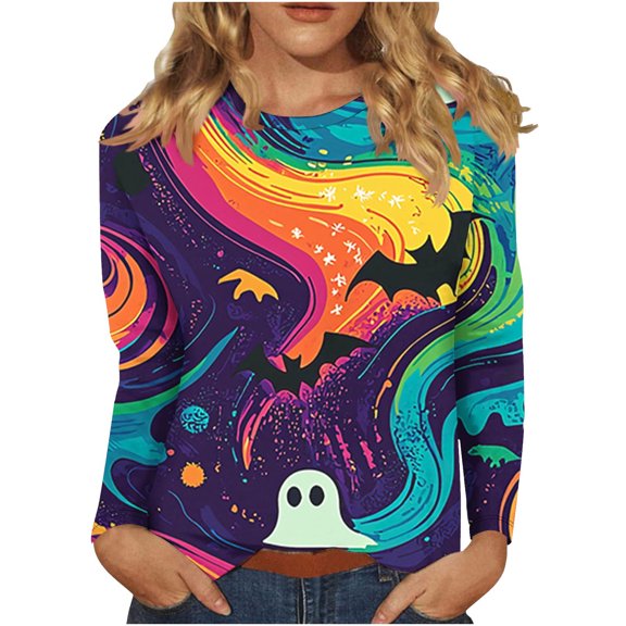 Plus Size Halloween T Shirts for Women Funny Cute Long Sleeve Graphic Tees Casual Loose Pullover Tops Fall Clothes Camouflage, 5XL