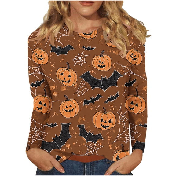 Plus Size Halloween T Shirts for Women Funny Cute Long Sleeve Graphic Tees Casual Loose Pullover Tops Fall Clothes Coffee, M