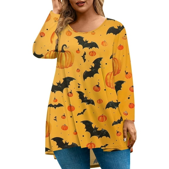 Plus Size Halloween T Shirts for Women Loose Fit Going Out Shirts Long Sleeve Crewneck Pumpkin Graphic T-Shirt Fall Tunics Blouses