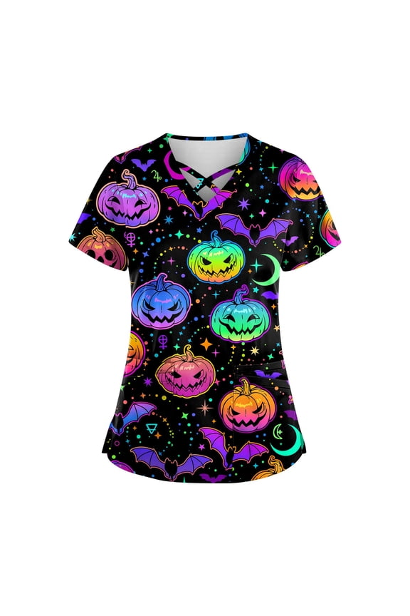 Plus Size Halloween Tops，Plus Size Women'S Halloween Pumpkin-Headed Bat Printed Scrub Tops V-Neck Fun T Shirts Nurse Uniform Tee With Pockets，Multicolor，Xl