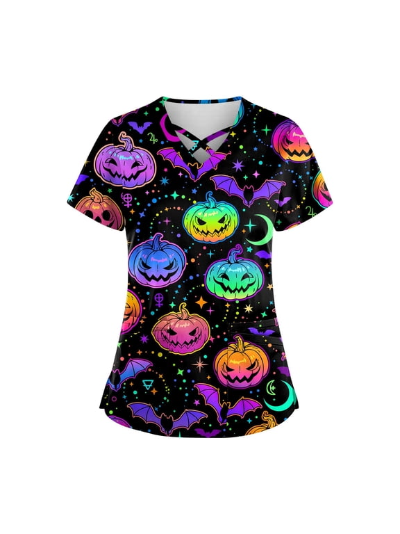 Plus Size Halloween Tops,Plus Size Women'S Halloween Pumpkin-Headed Bat Printed Scrub Tops V-Neck Fun T Shirts Nurse Uniform Tee With Pockets,Multicolor,Xl
