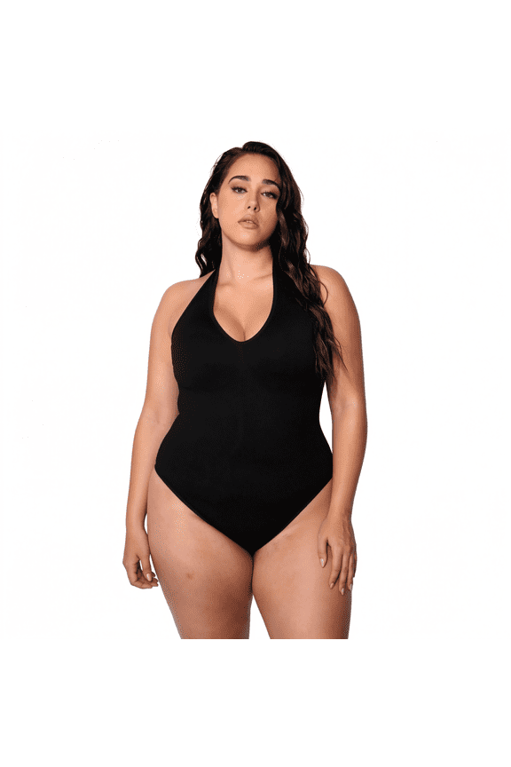 Plus Size Halter Neck Shapewear Bodysuit, Tummy Control