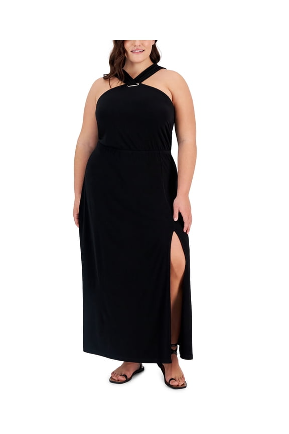 Plus Size Halter-Neck Side-Slit Maxi Dress Deep Black 3X
