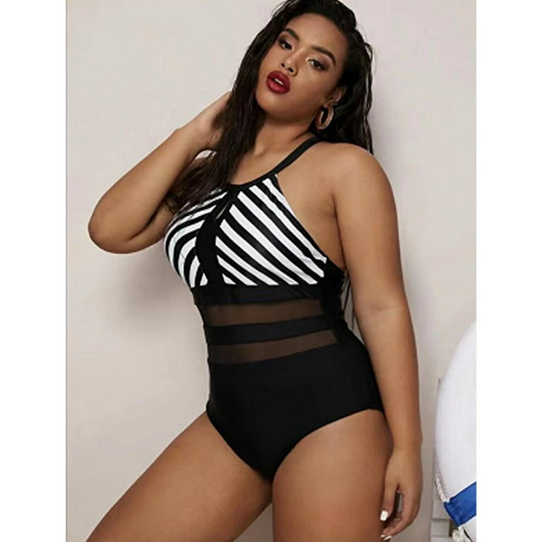 Plus Size Halter Swimsuits High Waisted One Piece Bathing Suit for Women  Sexy Mesh Tummy Control Swimwear Monokini