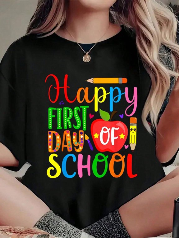 Plus Size Happy First Day Of School Teacher And Student Back To School T-Shirt, Casual Crew Neck Short Sleeved Summer Top