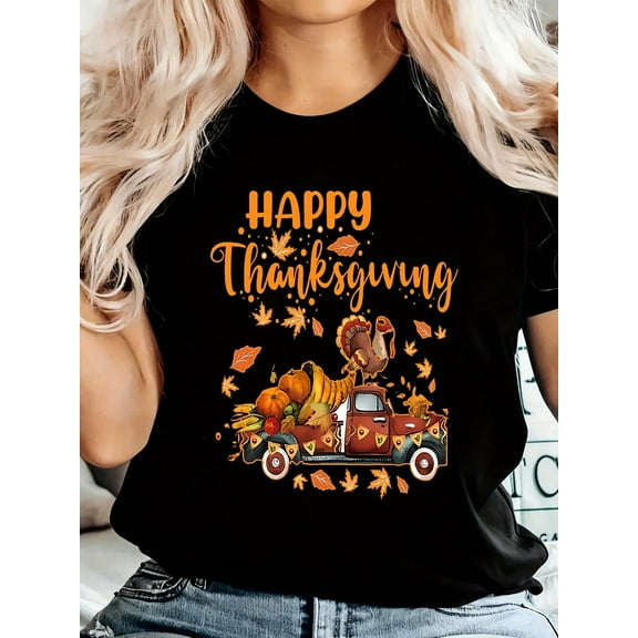 Plus Size Happy Thanksgiving Print T-Shirt, Casual Crew Neck Short Top, Women's Plus Size Clothing