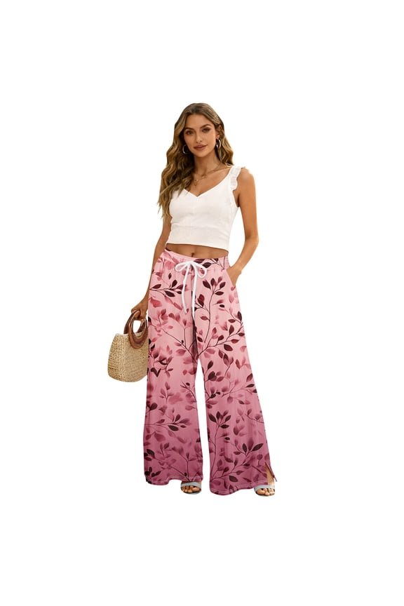 Plus Size Hawaiian Print Palazzo Pants for Women High Waist Wide Leg Resort Wear Trousers with Pockets Hot Pink L