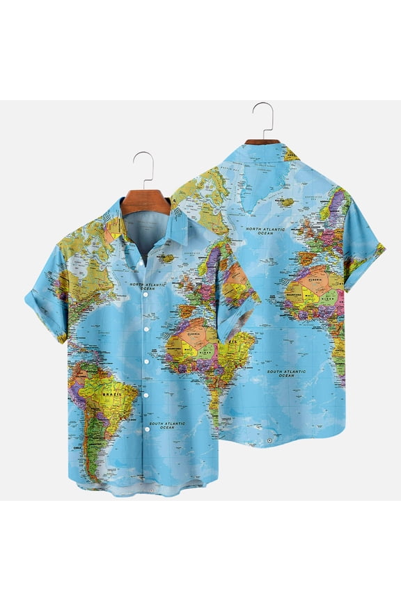 Plus Size Hawaiian Shirt for Men Short Sleeve Button Down World Map Printing Unisex Funky Casual Beach Shirts Summer Tops