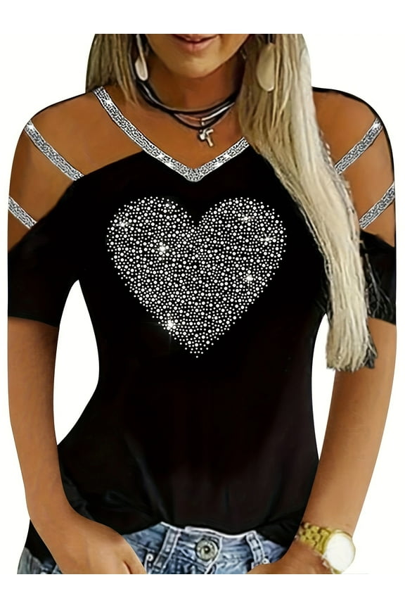 Plus Size Heart Rhinestone Women's Casual V Neck Cold Shoulder T-Shirt