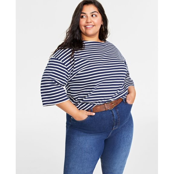 Plus Size Heavyweight Cotton Striped Boat-Neck Top Intrepid Blue Combo 2X