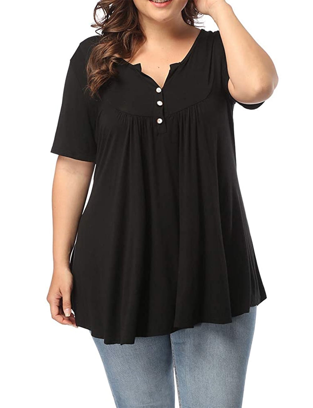 MONNURO Women’s Plus Size Henley Shirt – V-Neck Pleated Tunic Top With 3/4 Sleeves