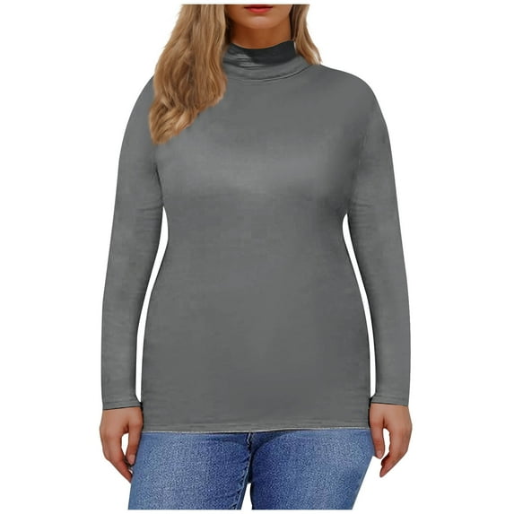 Plus Size High Neck Tops Womens Casual Solid Color Soft Cotton Basic Thermal Tee Shirts Long Sleeve (M, Gray)