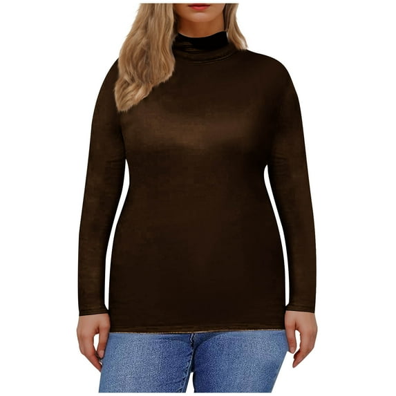 Plus Size High Neck Tops Womens Casual Solid Color Soft Cotton Basic Thermal Tee Shirts Long Sleeve (XL, Brown)