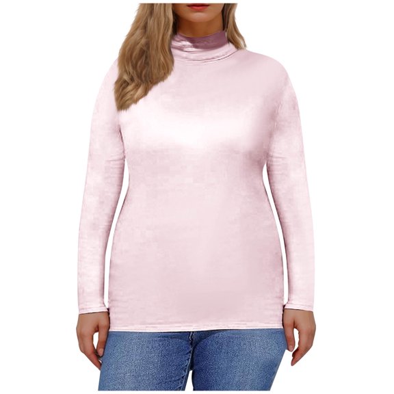 Plus Size High Neck Tops Womens Casual Solid Color Soft Cotton Basic Thermal Tee Shirts Long Sleeve (XL, Pink)