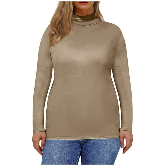Plus Size High Neck Tops for Women Casual Solid Color Soft Cotton Base Thermal Tee Shirts Long Sleeve (S, Khaki)