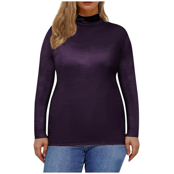 Plus Size High Neck Tops for Women Casual Solid Color Soft Cotton Base Thermal Tee Shirts Long Sleeve (XL, Purple)