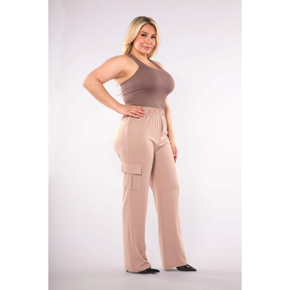 Plus Size High Rise Straight Leg Cargo Pants - Latte