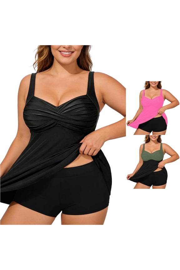 Plus Size High Rise Tankini Top Solid Color with Built In Supportive Bra Daily Resort Ready Swimwear
