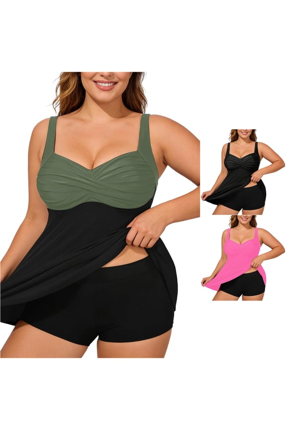 Plus Size High Rise Tankini Top Solid Color with Built In Supportive Bra Daily Resort Ready Swimwear