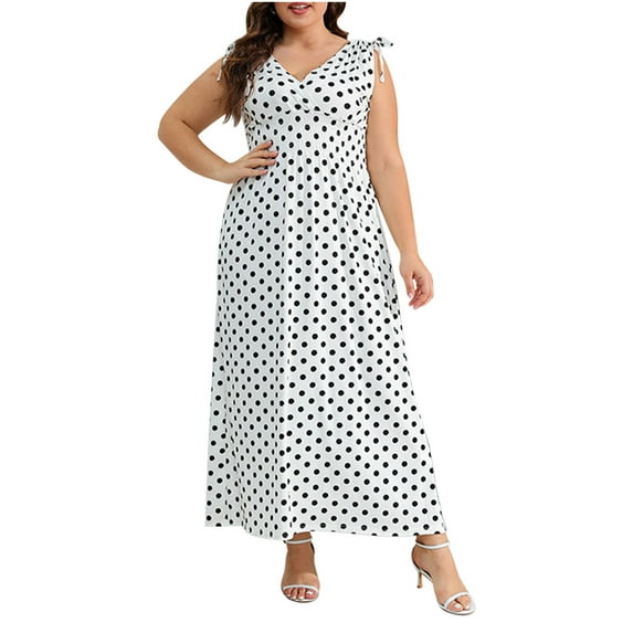 Plus Size High Waist Dresses for Curvy Women Party Casual Smocked Maxi Dresses Summer Sleeveless Ladies Long Dresses White, M