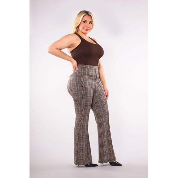 Plus Size High Waist Flare Pants With Front Seam Detail - Khaki, Brown Plaid