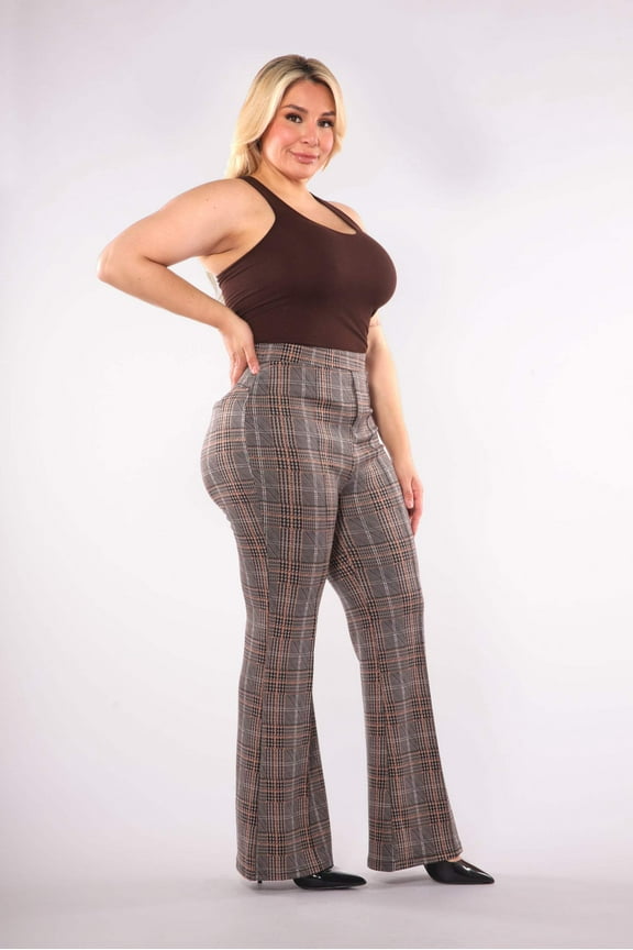 Plus Size High Waist Flare Pants With Front Seam Detail - Khaki, Brown Plaid