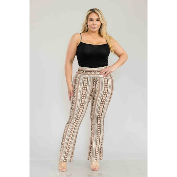 Plus Size High Waist Printed Soft Brushed Flare Pants - Cream, Brown Tribal