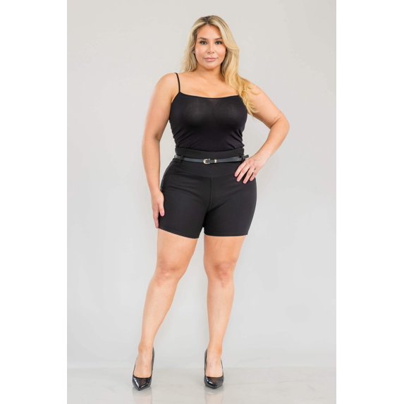 Plus Size High Waist Sculpting Shorts With Faux Leather Belt - Black