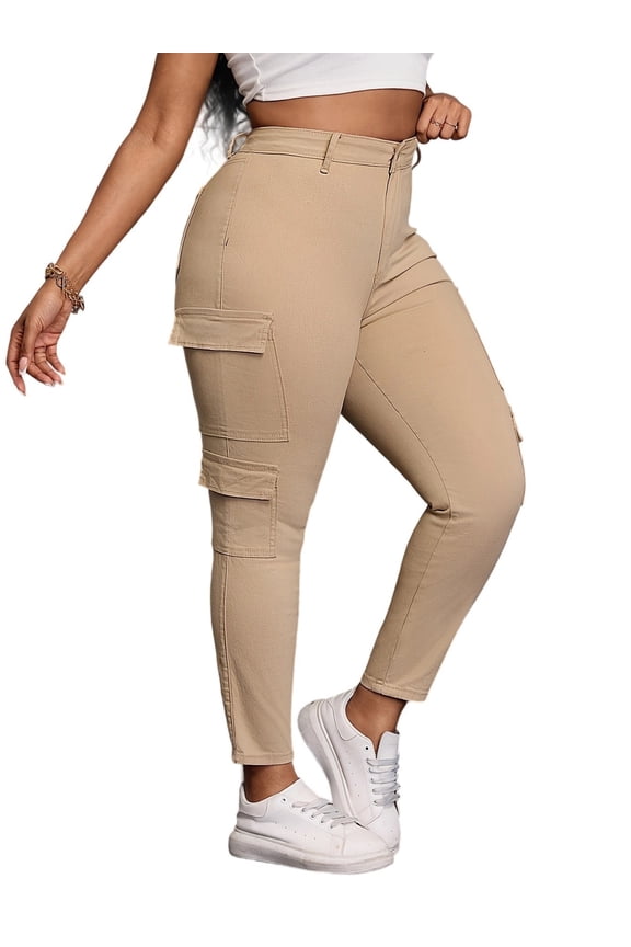 Plus Size High Waist Stretch Cargo Pants – Slim Utility Khaki Trousers with Side Pockets for Curvy Women