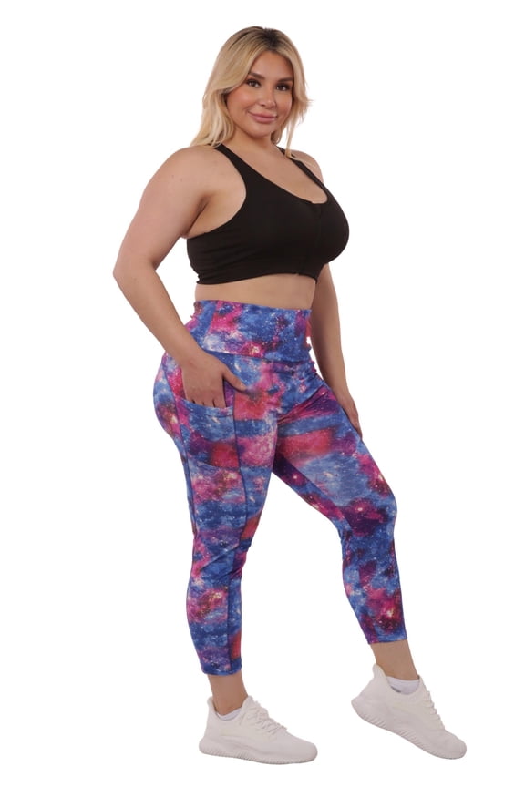 Plus Size High Waist Tummy Control Sports Leggings With Side Pockets - Blue Pink Galaxy