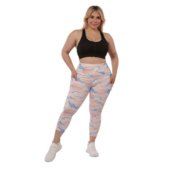 Plus Size High Waist Tummy Control Sports Leggings With Side Pockets - Pink  Blue Tie Dye
