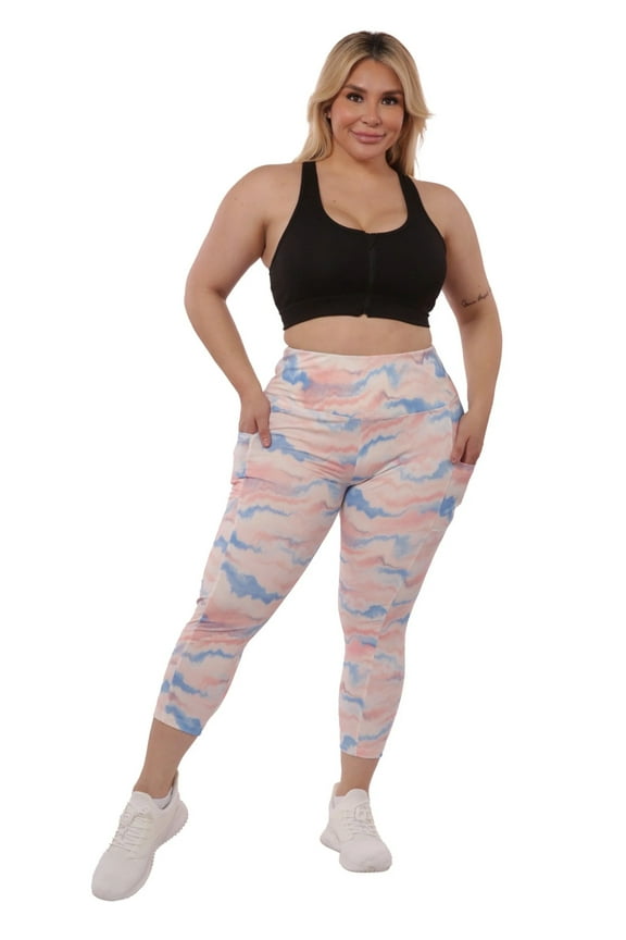 Plus Size High Waist Tummy Control Sports Leggings With Side Pockets - Pink Blue Tie Dye