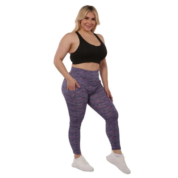 Plus Size High Waist Tummy Control Sports Leggings With Side Pockets - Pink, Teal Space Dye