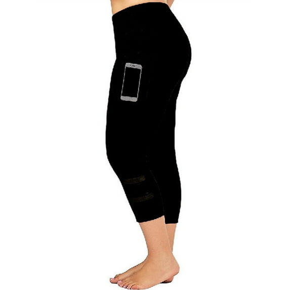 Plus Size High Waist Yoga Pants Yoga Capris with Pockets 4 Ways Stretch Hollow Out Tummy Control Sport Workout Leggings for Women