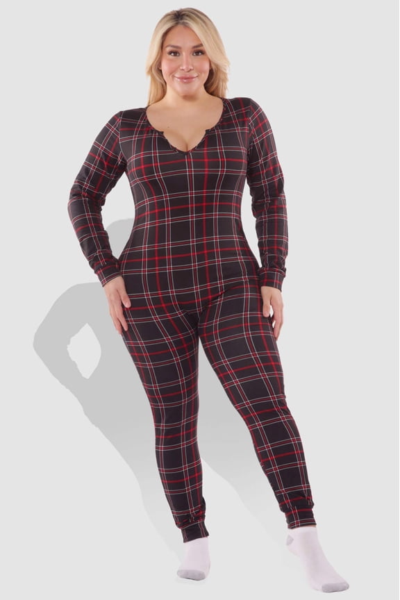 Plus Size Holiday Print Fleece Lined Jumpsuit Onesie - Black Red Plaid