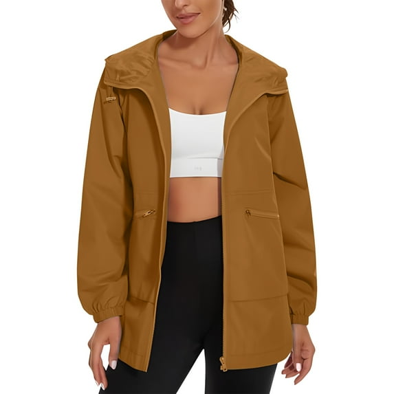Plus Size Hooded Rain Jackets for Women Outdoor Long Sleeve Wind Proof Jacket with Elastic Cuff Lightweight Solid Color Split Hem Sports Coat with Pockets