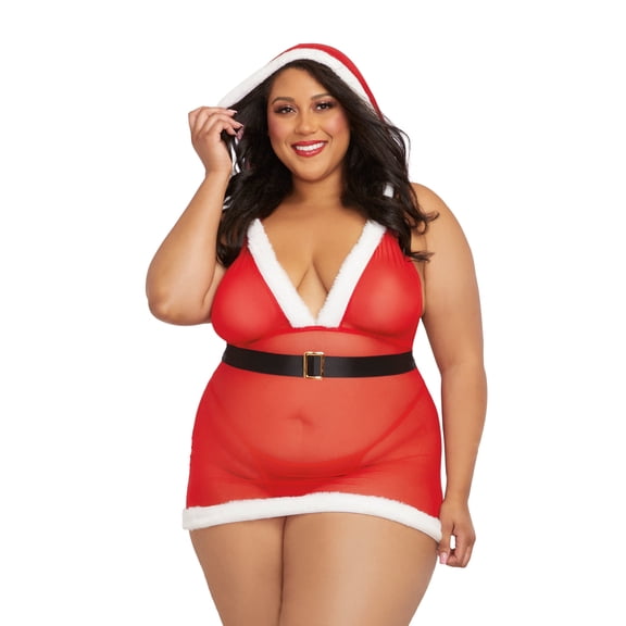 Plus Size Hooded Stretch Mesh Santa Chemise Set with Elastic Belt Buckle