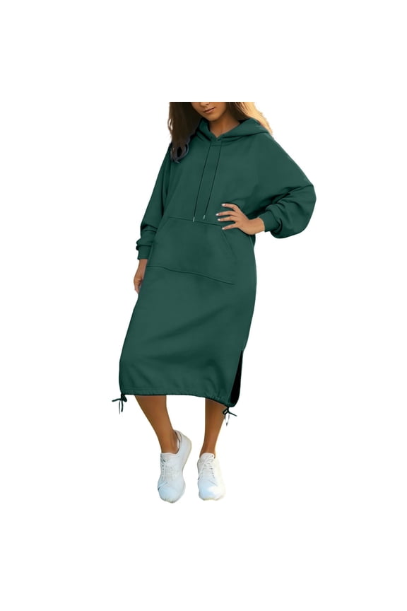 Plus Size Hooded Sweatshirt Dress Extended Length Cozy Duster Pullover Loose Fit Soft Lined Hoodies Green