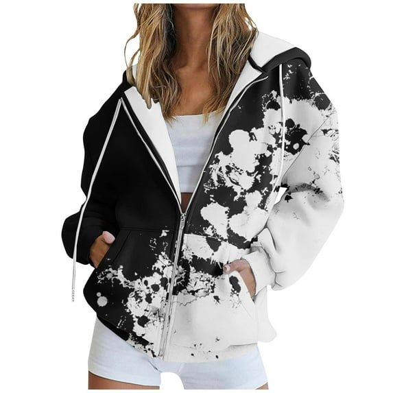 Plus Size Hooded Sweatshirt for Women Long Sleeve Printed Outerwear Casual Zipper Coat with Pockets