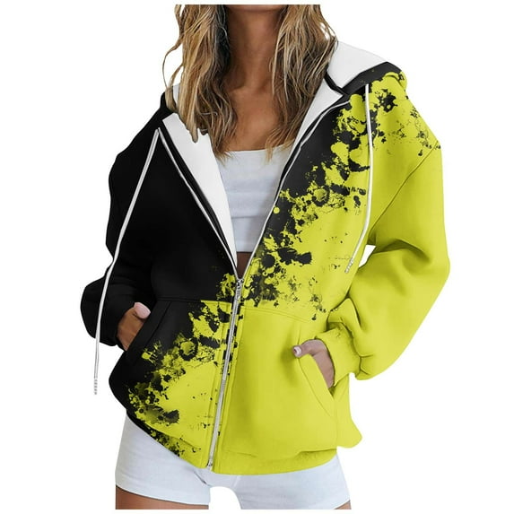 Plus Size Hooded Sweatshirt for Women Long Sleeve Printing Outerwear Casual Zipper Coat with Pockets