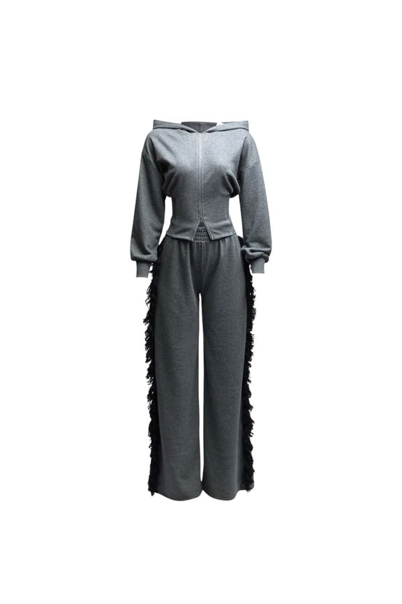 Plus Size Hoodie Jacket and Side Tassel Pants Set