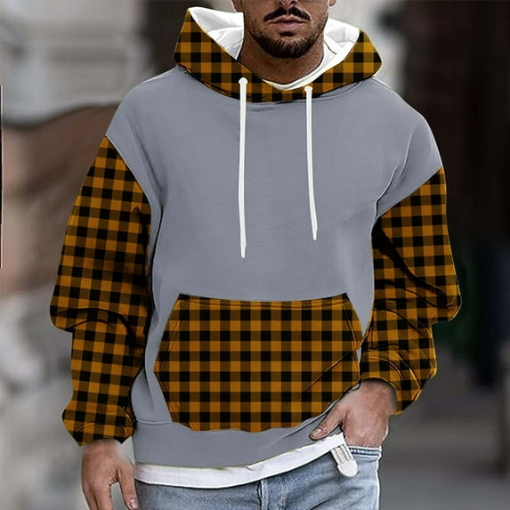 Plus Size Hoodies for Men with Pocket Big & Tall M-4X Fleece Lined Sweatshirts Mens Pullover Plaid Printed Thermal Warm Long Sleeve Hoodie Tops