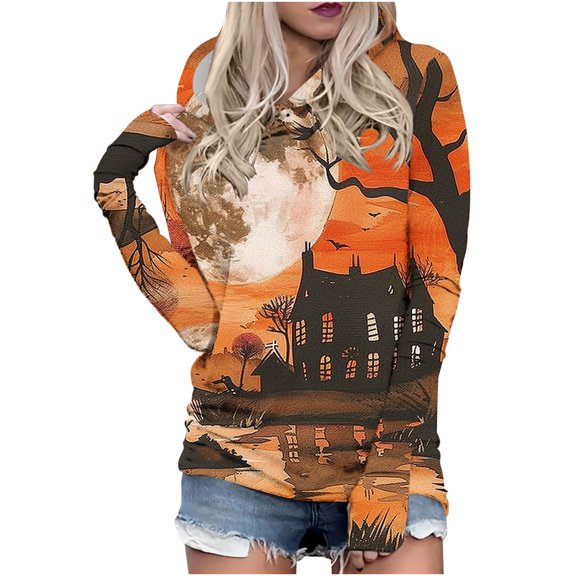 Plus Size Hoodies for Women 2025 Fall Winter Halloween Tops Pumpkin Graphic Sweatshirts Long Sleeve Pullover Blouse,Orange 1,L