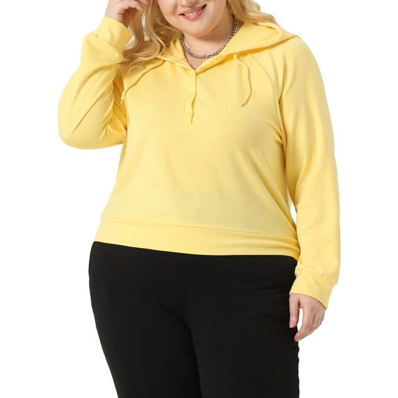 Agnes Orinda Women's Plus Size Hoodies Button Collar Drawstring Blouses Pullover Sweatshirts Long Sleeve Tops Shirts 3X Yellow