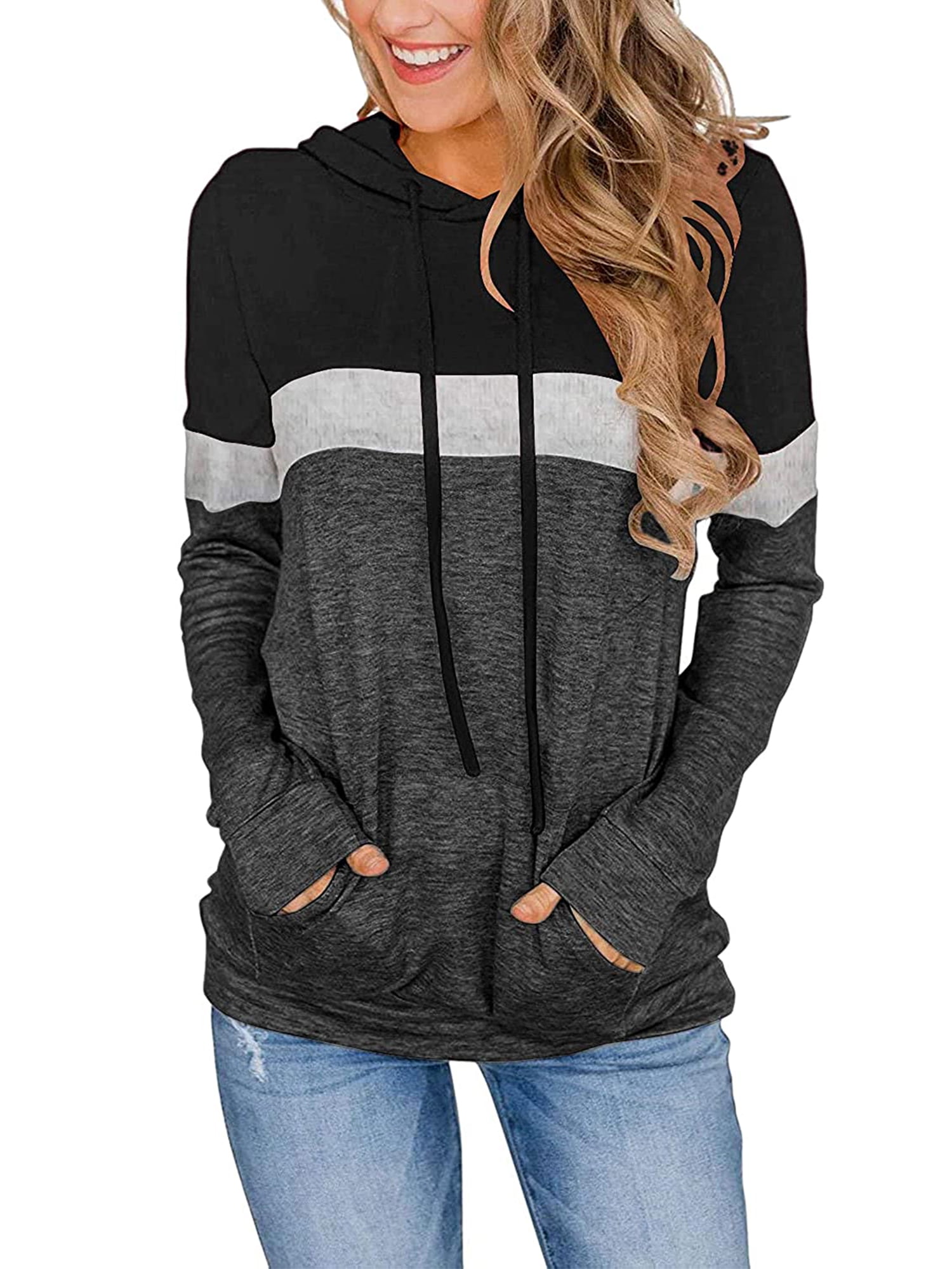 Plus Size Hoodies for Women Color Block Long Sleeve Drawstring Pullover ...