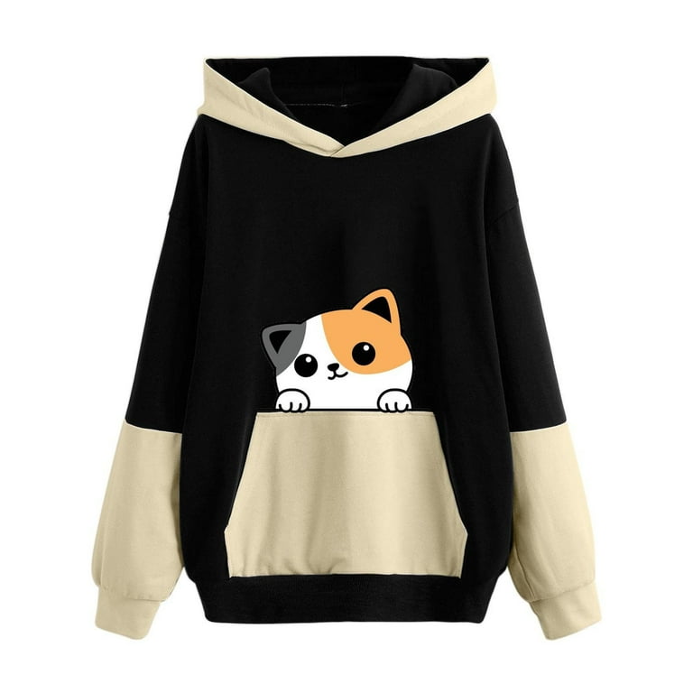 Plus Size Hoodies for Women Cute Cat Print Pockets Sweatshirts Loose Fit Long Sleeve Tops Fall Clothes