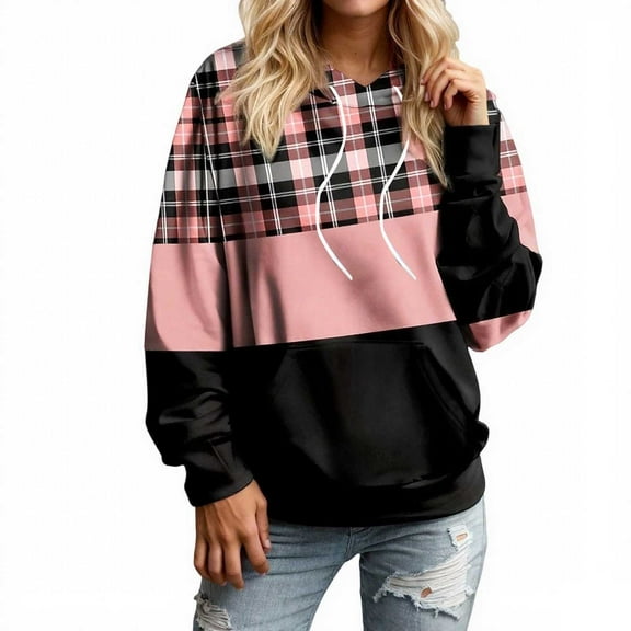 Plus Size Hoodies for Women Drawstring Trendy Plaid Color Block Long Sleeve Sweatshirts Fall Winter Casual Relaxed Fit Tops