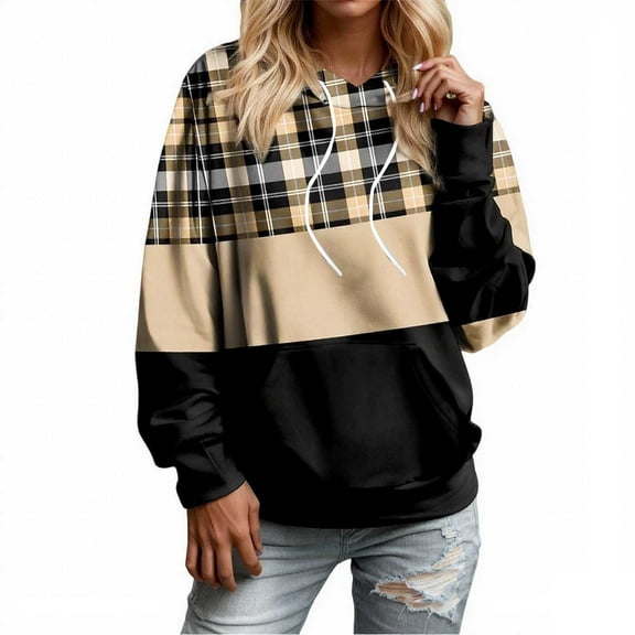Plus Size Hoodies for Women Drawstring Trendy Plaid Color Block Long Sleeve Sweatshirts Fall Winter Casual Relaxed Fit Tops