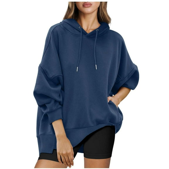 Plus Size Hoodies for Women Pullover Fashion Fall Winter Solid Color Loose Long Sleeved Pockets Hooded Sweatshirts Top